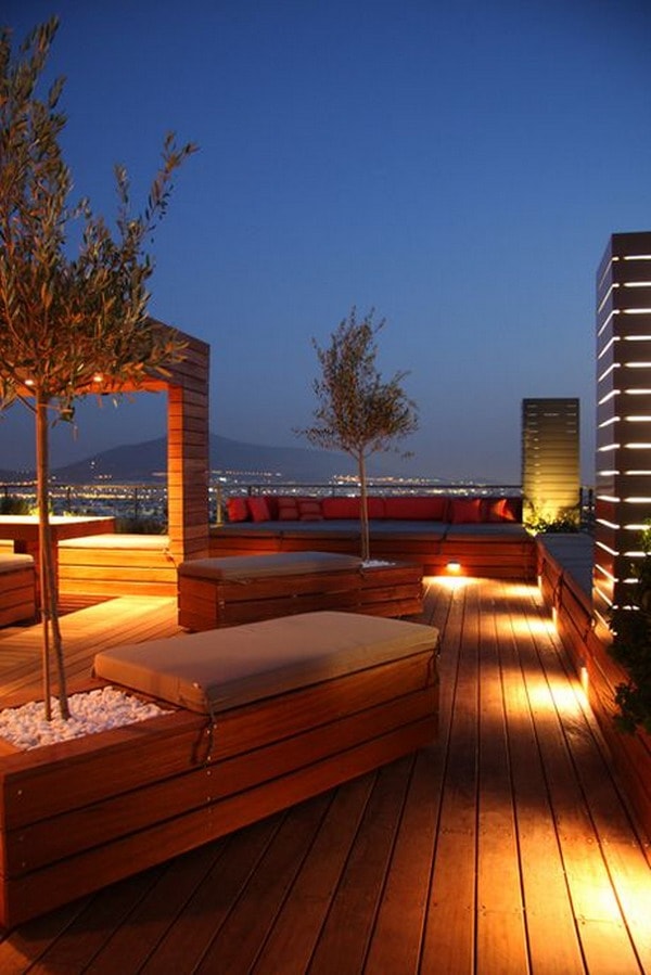 Wooden terrace with luminaires