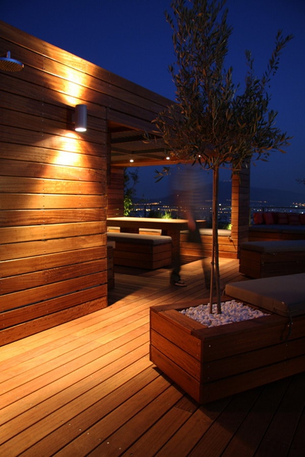 Wood and luminaires in terraces