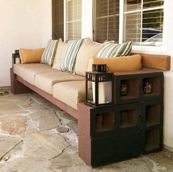 Sofa with cement blocks and wood strips