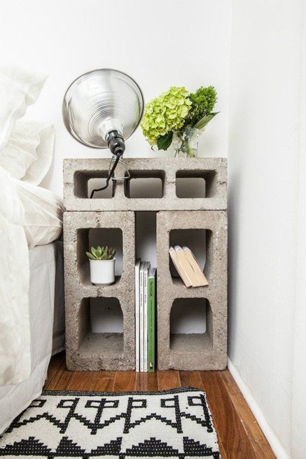 Bedside table made of cement blocks