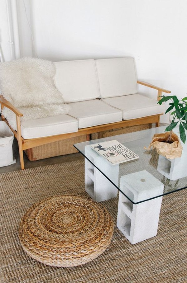 Side table with cement and glass blocks