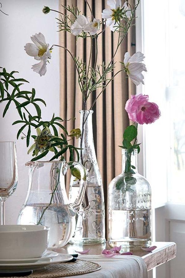 Decorate with glass bottles and flowers