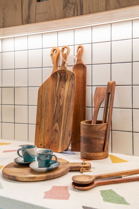 cutting boards and wooden accessories in the kitchen