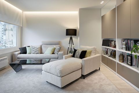 modern design lounge with bookcase and sofas in grey tones