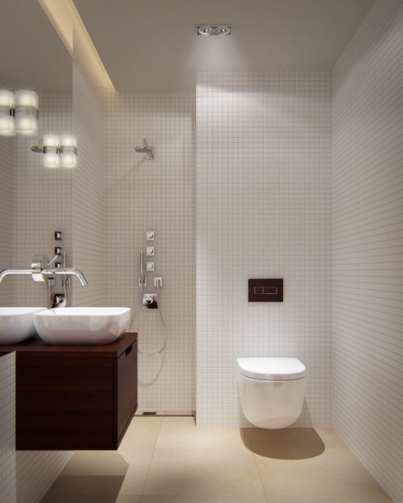 Minimalist bathroom with white walls and beige floor, with large mirror
