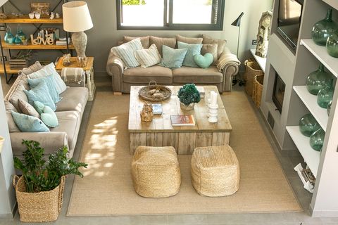 living room decorated in earth tones of Mediterranean style