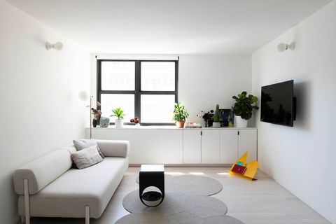 minimalist living room decorated in neutral tones