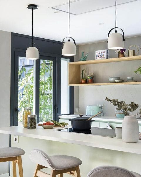 modern kitchen with center island and stools