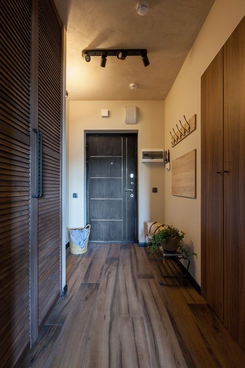entrance hall decorated in earth tones with wooden floors