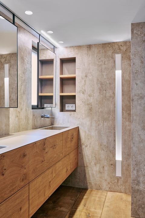 industrial design bathroom with suspended cabinet