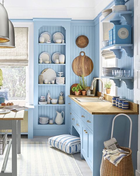 kitchen with sky blue furniture