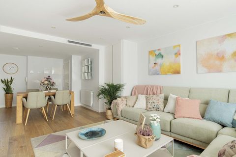 functional family flat living room in pastel colors
