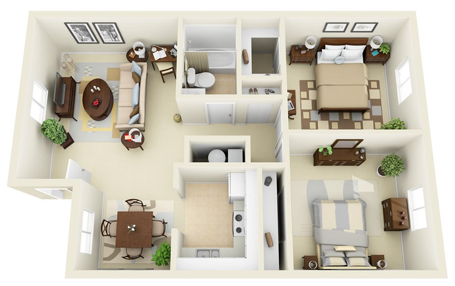 Plan of a house of 50 sqm with two bedrooms n.07