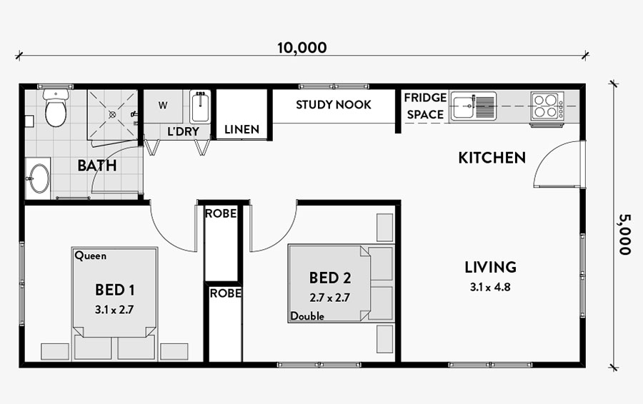 Plan of house of 50 sqm with two bedrooms n.03