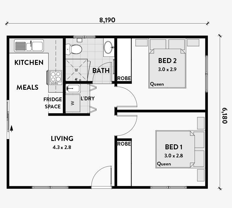 House plan of 50 sqm with two bedrooms n.02