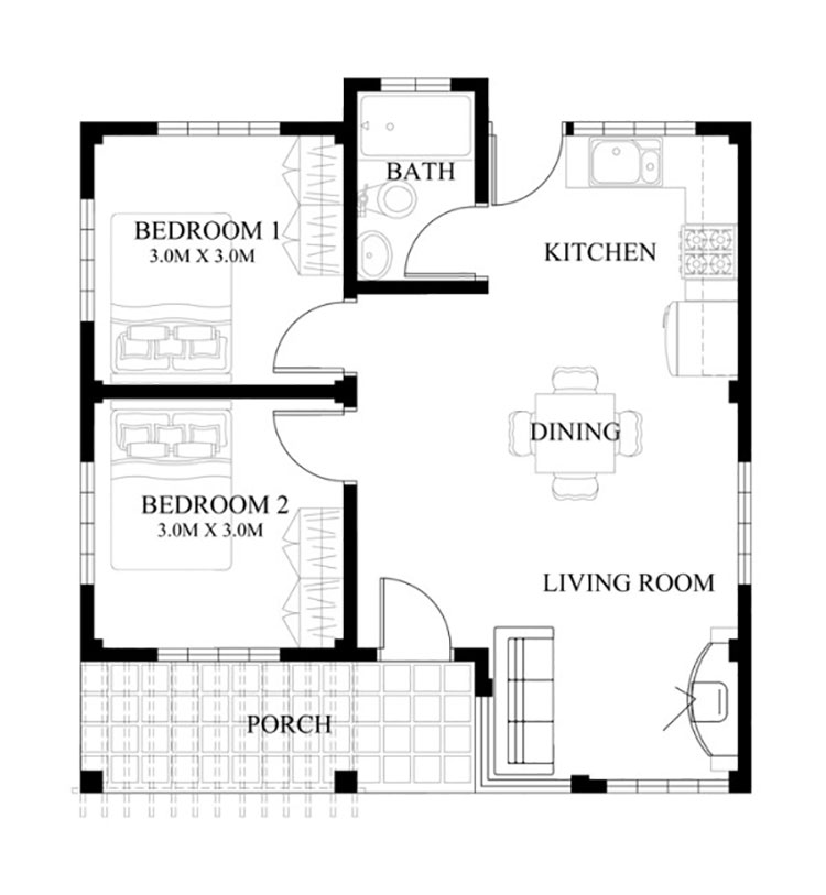 House plan of 50 sqm with two bedrooms n.05