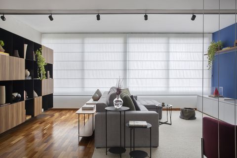 contemporary design living room with gray sofa
