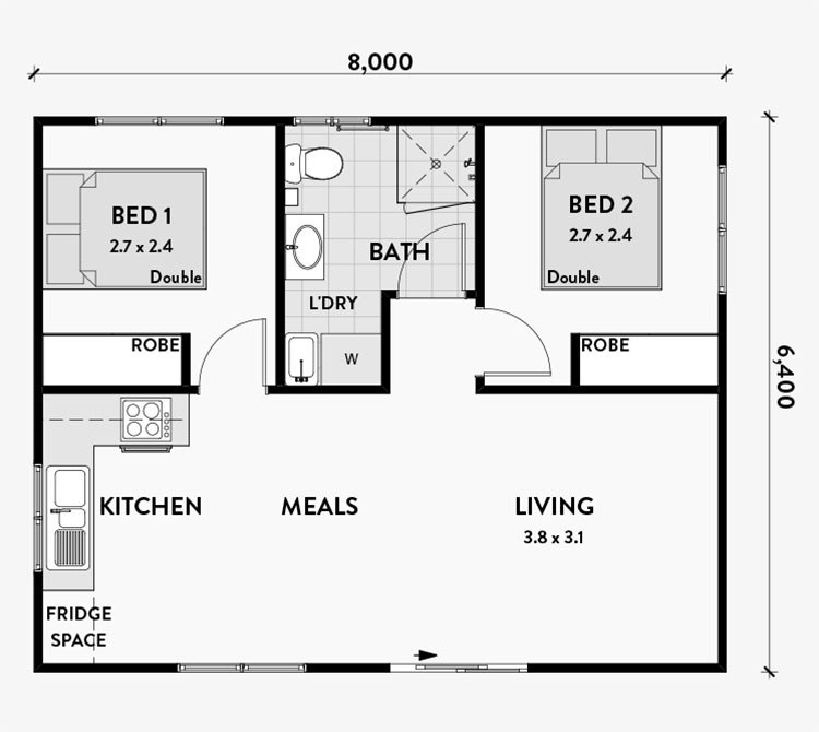 Plan of a house of 50 sqm with two bedrooms n.01