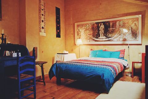 blue house by lucía bosé in brieva segovia bedroom with painted desk enea chair