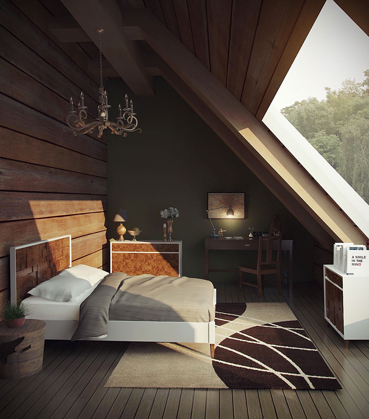 Ideas for furnishing a wooden bedroom in the attic n.04