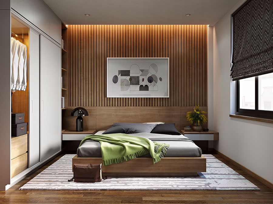 Ideas for furnishing a wooden bedroom with a modern design n.17