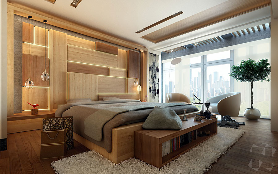 Ideas for furnishing a wooden bedroom with a modern design n.01
